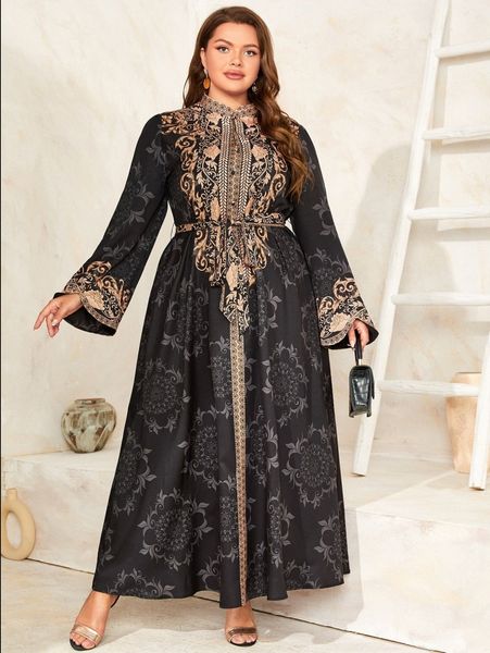 

plus buttoned half placket belted baroque dress y9p5#, Black