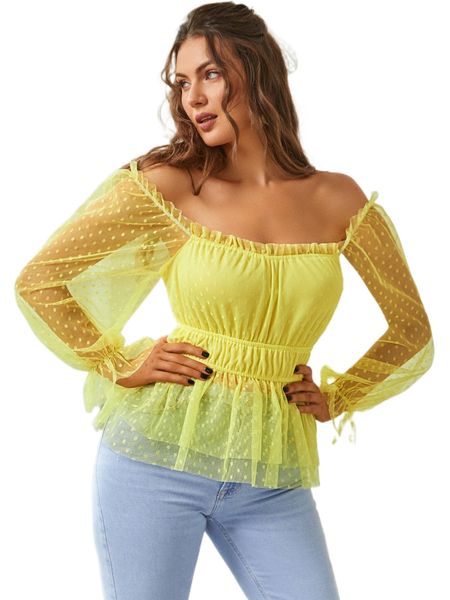 

sbetro off shoulder frill trim dobby mesh peplum 90e1#, White