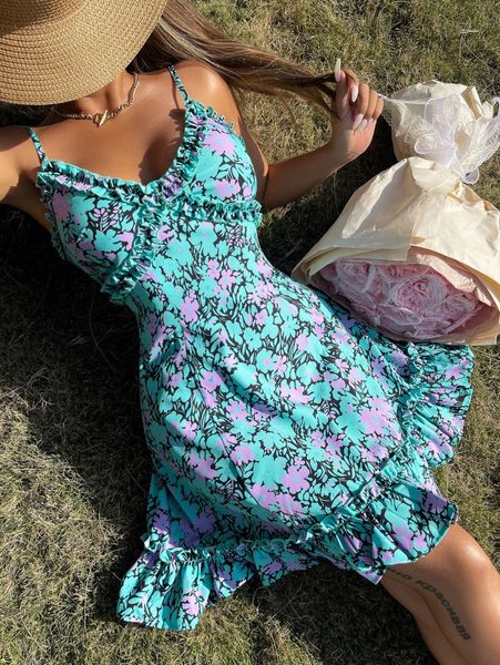 

floral frill trim cami dress h4lx#, Black;gray