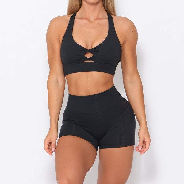 

womens yoga out fit high waist running thread strong stretch solid openwork fitness vest bra and pocket shorts suits seamless hip-lifting le
