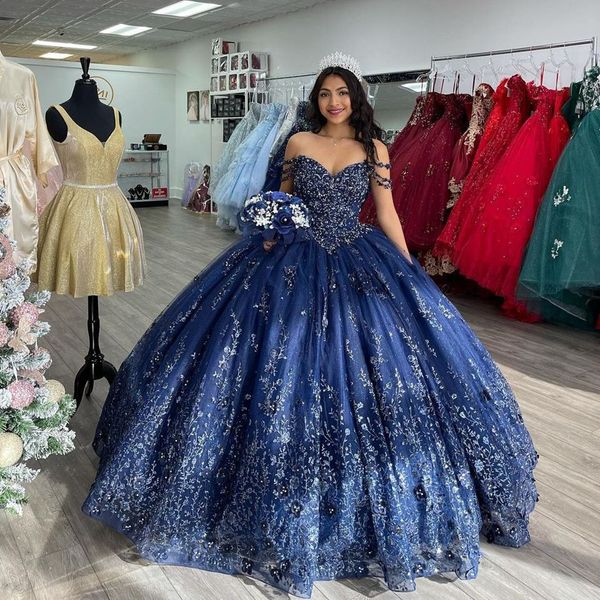 

2022 luxury navy blue princess quinceanera dresses beading appliques party dress tulle elegent sweet vestido de 15 16 anos, Blue;red