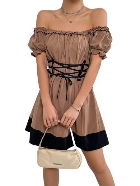 

off shoulder lace up bardot dress t2es#, Black;gray