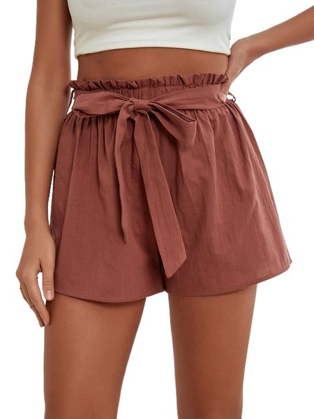 

solid paperbag waist belted shorts a6vn#, White;black