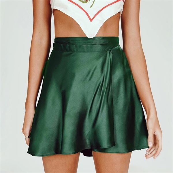 Обернуть зеленую атласную мини -юбку Женщины Руфл Черный винтажный стиль корейские шелковые розовые юбки Короткие каваи лолита одежда летнее пляж 220701