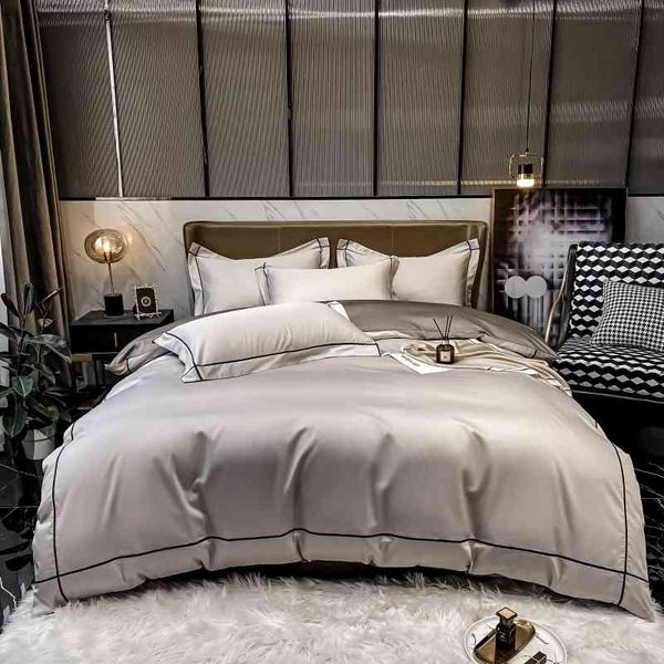 Besticktes Bettwäsche-Set aus ägyptischer Baumwolle im 60er-Jahre-Stil, seidiger Bettbezug, weiche Bettdecke, luxuriöse flache/Spannbettlaken-Kissenbezüge