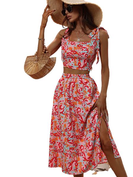 

floral print tie shoulder shirred back & slit skirt q8lm#, White