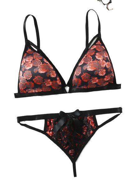 

plus floral print harness lingerie set 74co#, Black;white
