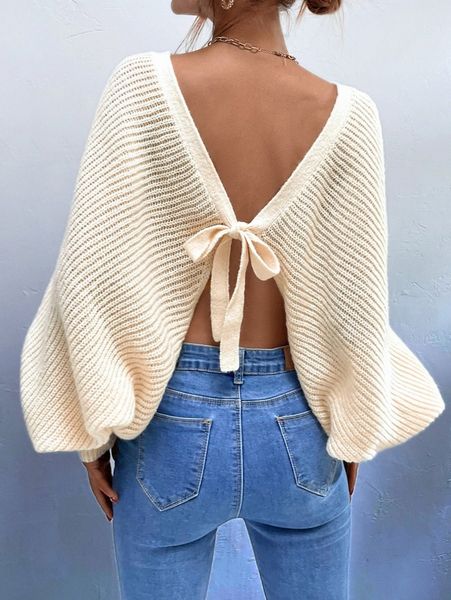 

solid tie backless batwing sleeve sweater k61s#, White;black