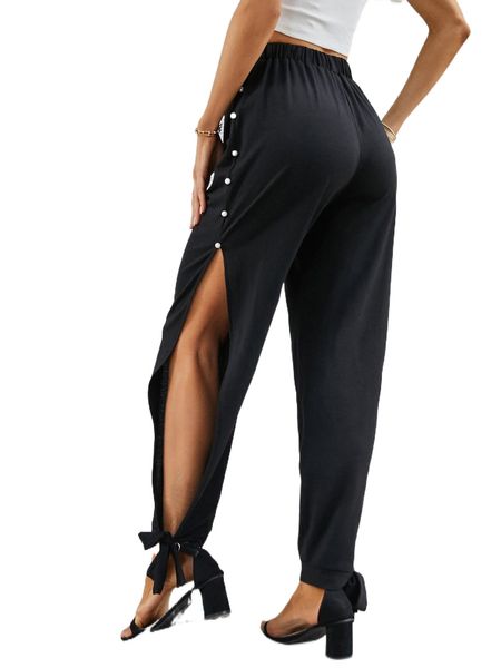 

button side split knot hem pants j0y2#, Black;white