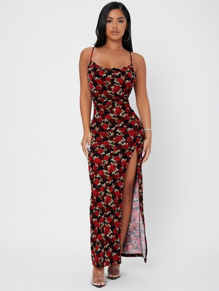 

petite floral print split thigh cami dress 06wn#, Black;gray