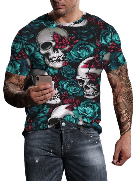 

men floral & skull print tee g6rz#, White;black