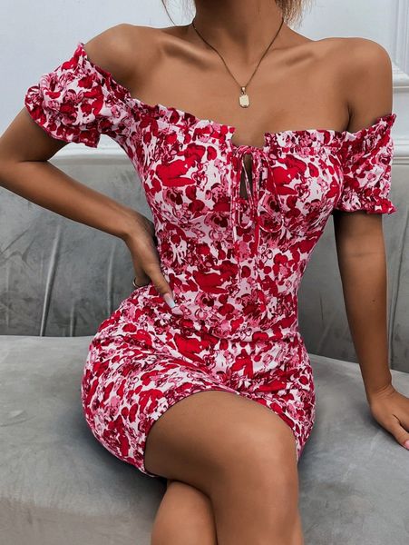 

floral print off shoulder frill trim knot front bodycon dress h8du#, Black;gray
