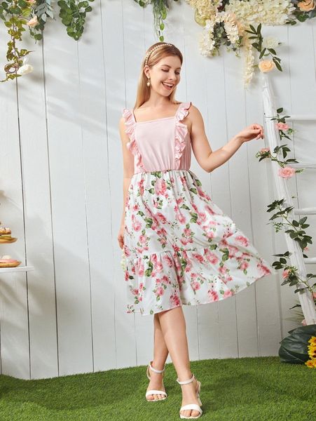 

floral print ruffle trim cami dress h8s0#, Black;gray