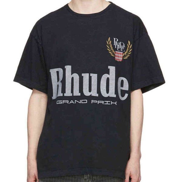 

rhude 22s fashion brand high street wheat ear alphabet couple loose short sleeve t-shirt men, White;black