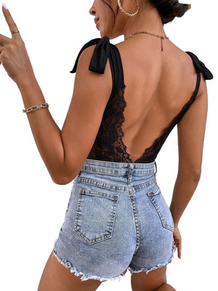 

petite tie shoulder backless contrast lace bodysuit b0kh#, White