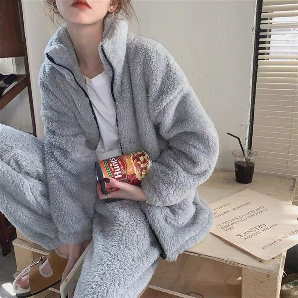 

winter women's pajamas sets zip up turtleneck trouser suits warm home clothes pajama suit for women 220329, Black;red