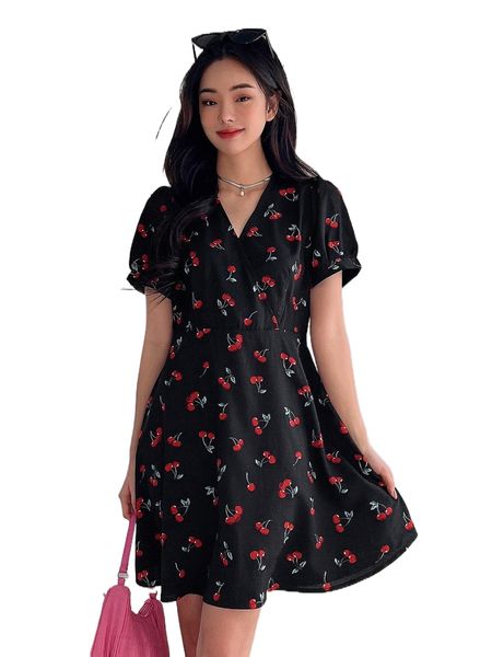 

dazy cherry print puff sleeve dress m8xm#, Black;gray