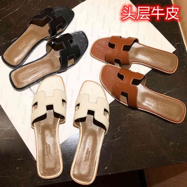 

brand h red layer leathernet luxury herme slippers 2023 summer new leather h-slipper sandals for women's flat bottomed beach flip flops, Black