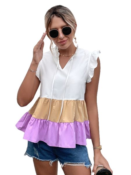 

color block flutter sleeve tie neck ruffle hem blouse j95g#, White