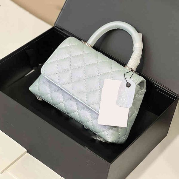 

22pw womens classic mini flap co handle tote bags luxury designer iridescent pearly pink blue quilted silver hardware matelasse chain cr