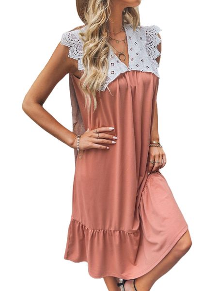 

c.ontrast l.ace tie back r.uffle h.em d.ress z2ia#, Black;gray