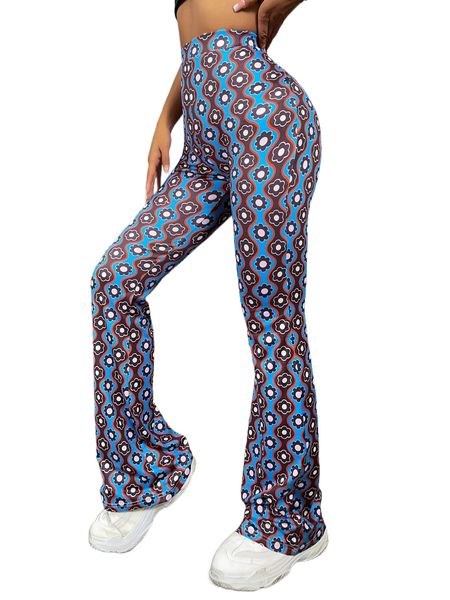 

high waist allover floral print flare leg pants 92fj#, Black;white