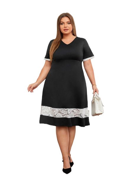 

emery rose plus contrast lace a-line dress u7kt#, Black