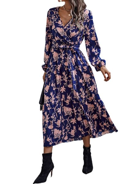 

floral print surplice neck belted dress j181#, Black;gray