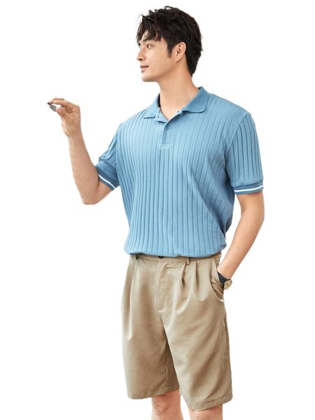 

men striped trim polo shirt & plicated detail shorts f9dh#, Gray