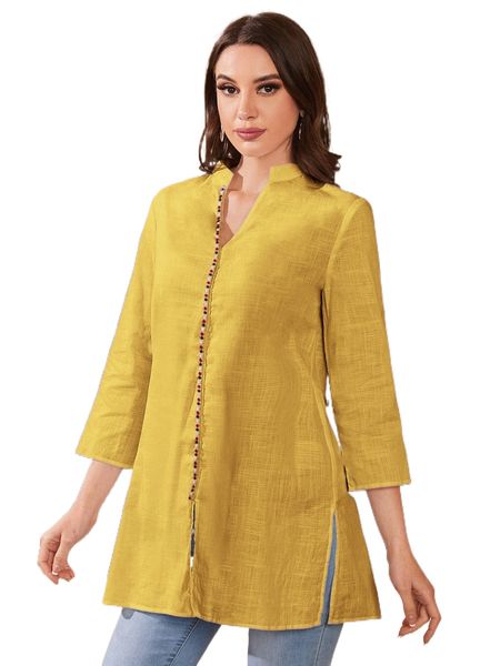 

mock neck pom pom slit hem longline blouse 82qk#, White