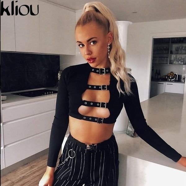

kliou arrival women single breasted button sweatshirts autumn female full sleeve oneck short solid patchwork y200610, Black