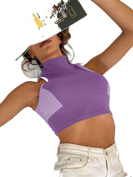 

high neck colorblock rib knit tank j6sd#, White