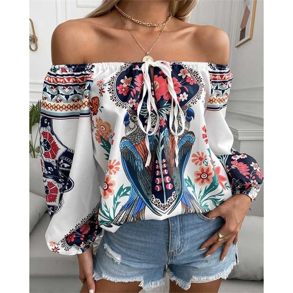 

women elegant fashion off shoulder long sleeve casual tie front blouse female floral print blouse 210716, White