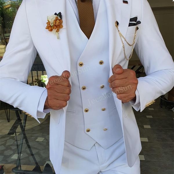 

3 pieces white mens suit lapel slim fit casual tuxedos groom tailor made terno masculino blazerpantsvest 220705, White;black