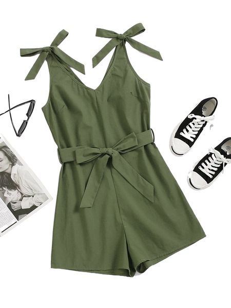 

knot shoulder belted tank romper l8o8#, Black;white