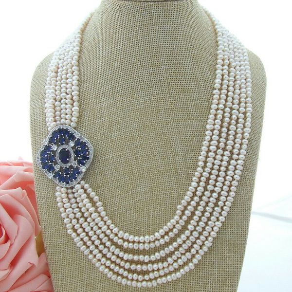 

6 strands white freshwater pearl necklace zircon pendant 20&quot, Silver