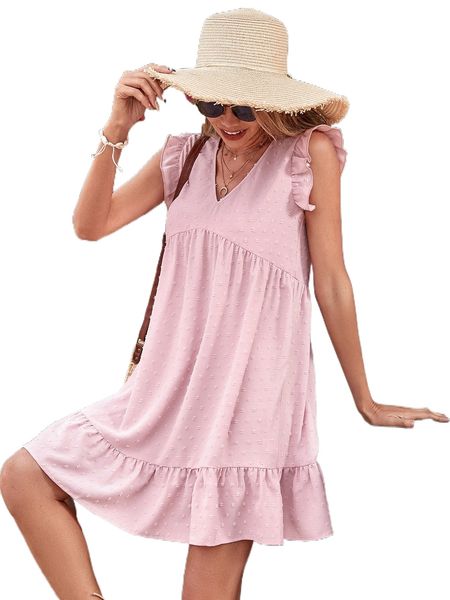 

swiss dot ruffle hem smock dress u3or#, Black;gray
