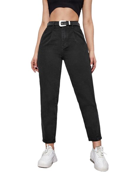 

solid pocket side belted mom jeans v5ox#, Blue