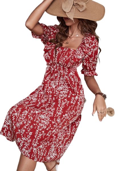 

allover plants print ruffle trim square neck dress b789#, Black;gray