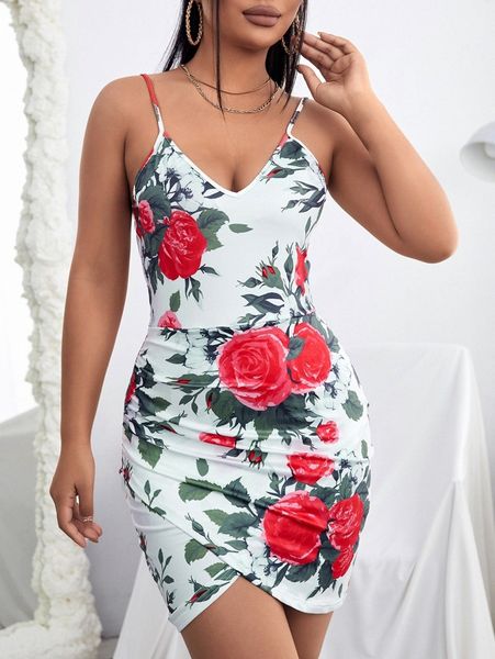 

sxy floral print ruched asymmetrical hem cami dress z0js#, Black;gray