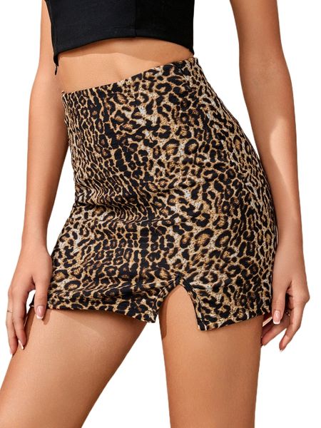

l.eopard print s.plit hem s.kirt e5m3#, Black