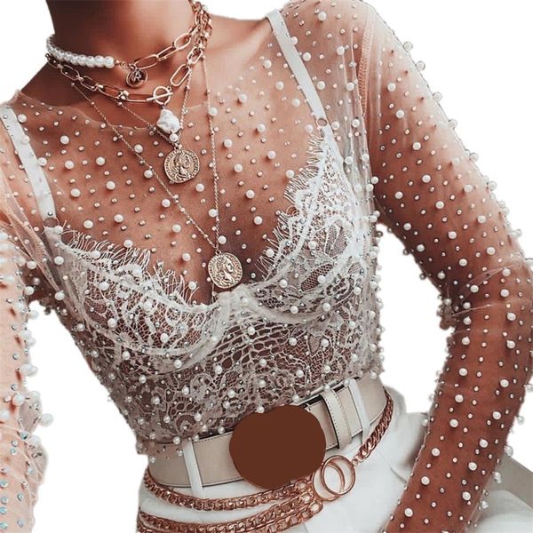 

2022 womens t-shirt perspective lace shirt bright diamond beads on the inside and long sleeve with mesh on the outside c06, White