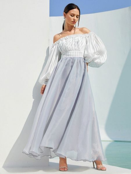 

bishop sleeve frill trim overlap organza dress 09sc#, Black;gray