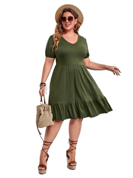 

plus solid v-neck ruffle hem dress i9xa#, Black