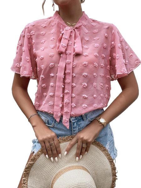 

swiss dot butterfly sleeve tie neck blouse s1gh#, White