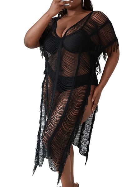 

plus ripped batwing sleeve split thigh cover up without bikini c0xi#, Black