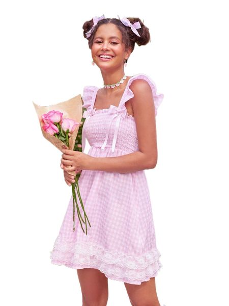 

kawaii gingham ruffle trim contrast lace shirred dress t9ko#, Black;gray