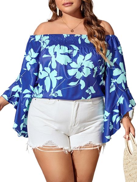 

plus floral print off shoulder shirred flounce sleeve blouse m3va#, Black