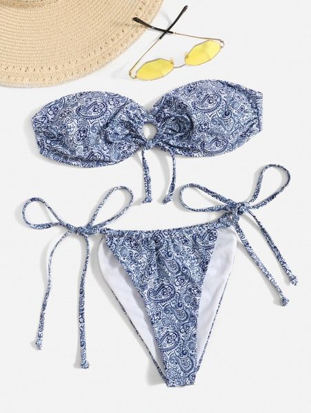 

paisley drawstring bandeau bikini swimsuit g0cr#, White;black
