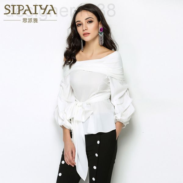 

women's blouses & shirts designer 2021 spring new women's wear diagonal neck off shoulder irregular shirt lace up bow women ukqs, White